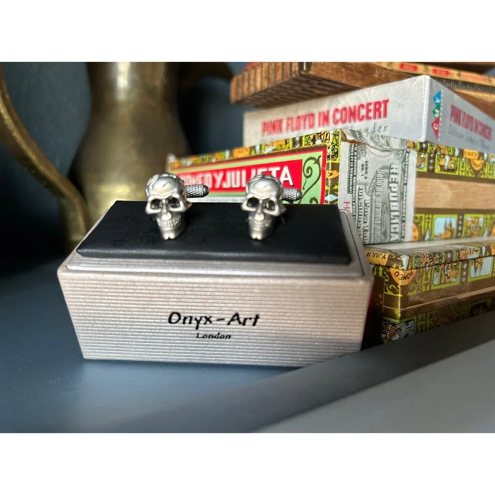 Onyx-Art London Mens Silver Skull Cufflinks 3D Gothic Biker Formal Accessory Box